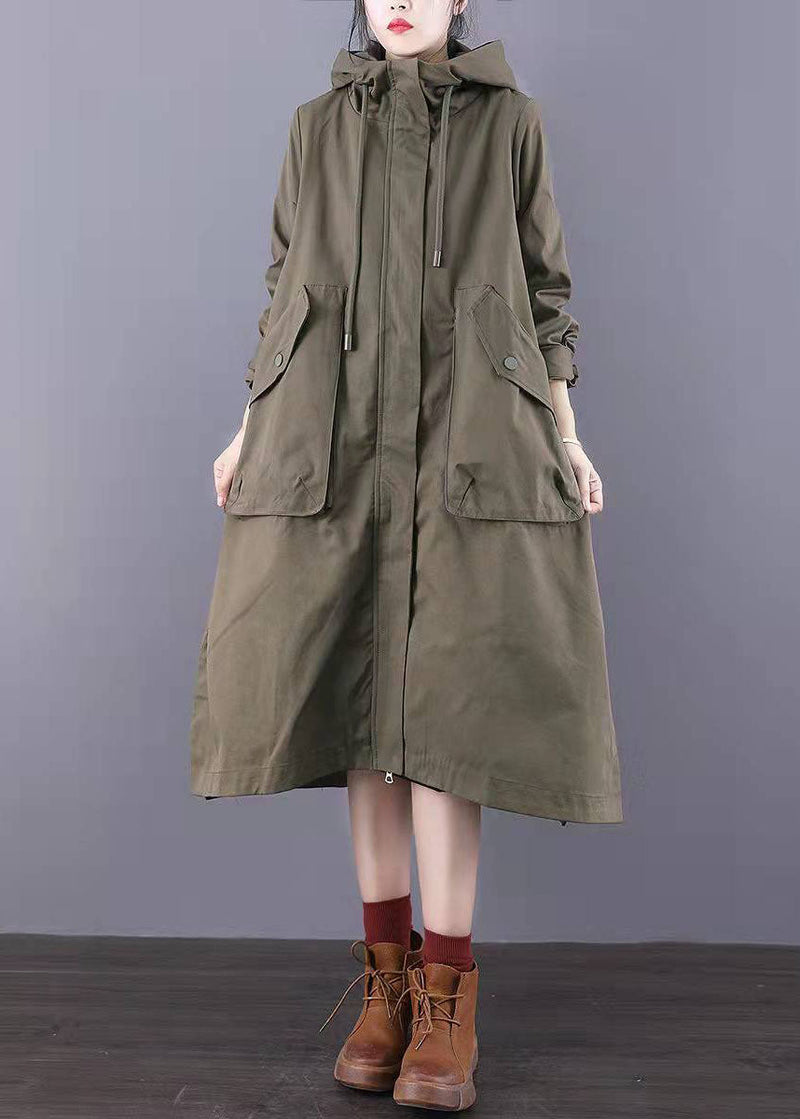 Fitted Army Green Zip Up Pockets Cotton Trench Coats Spring