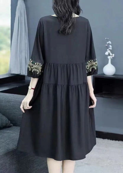 Loose Navy O-neck Embroidered Cotton Dresses Bracelet Sleeve
