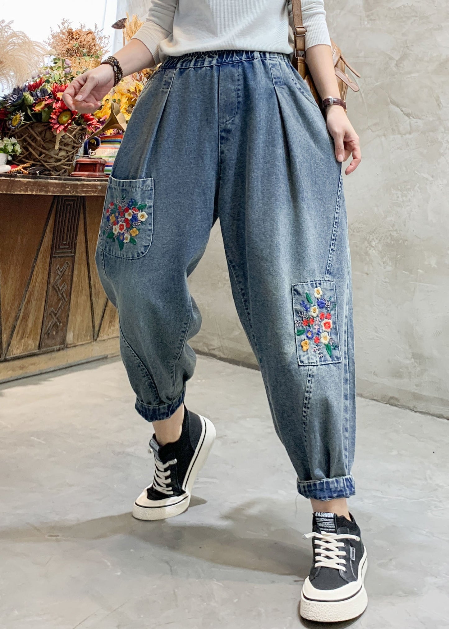 Denim Blue Embroideried Elastic Waist Pockets Cotton Harem Pants Summer