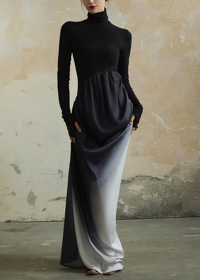 Black Hign Neck Wrinkled Patchwork Cotton Dress Fall