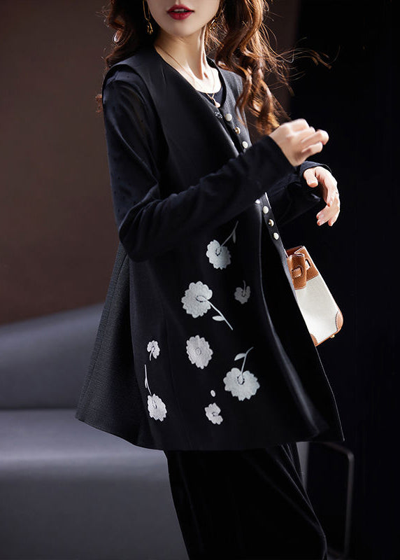Black O-neck Embroideried Button Cotton Waistcoat Sleeveless