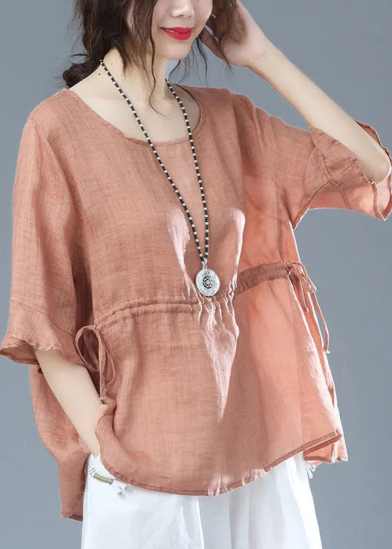 Orange O Neck Drawstring Patchwork Cotton T Shirt Half Sleeve
