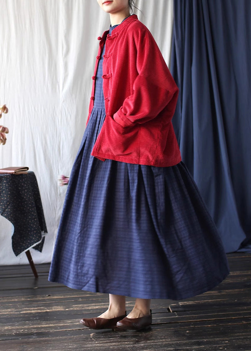 Red Chinese Button Pockets Corduroy Jackets Spring