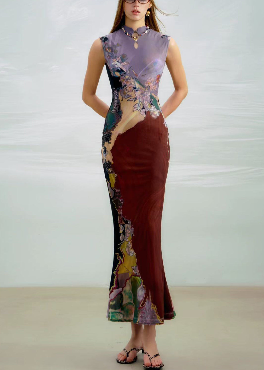 Purple Wear on Both Sides Long Dress Print Sleeveless Summer