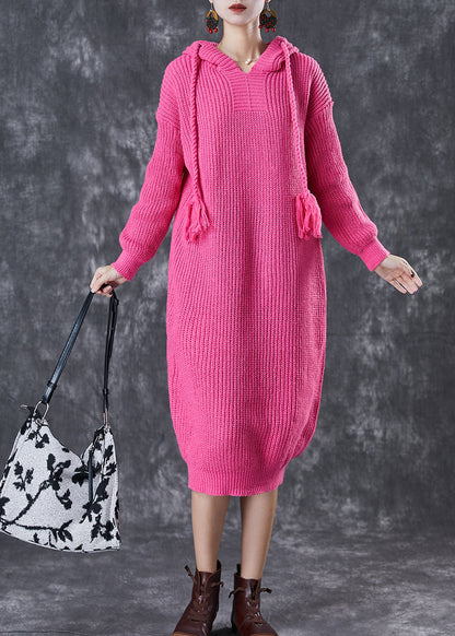 Diy Rose Hooded Drawstring Knit Pullover Sweatshirt Dress Fall