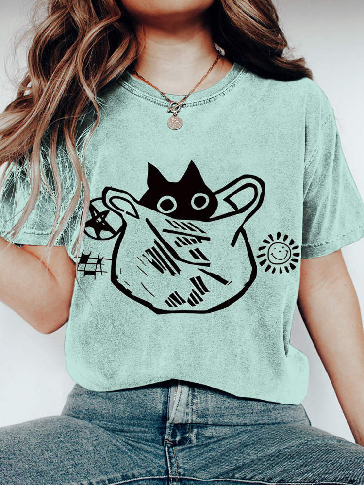 Comstylish Funny Trash Bag Cat Print Vintage Casual T-shirt