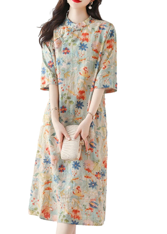 Stand Collar Print Chinese Button Cotton Dress Summer