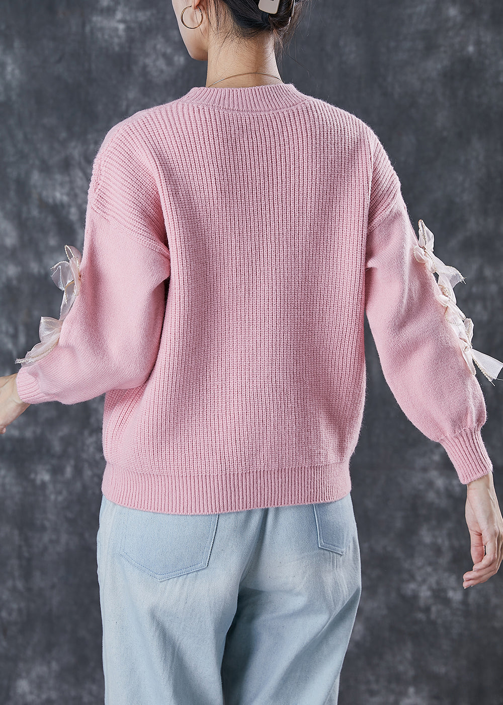Diy Pink Thick Patchwork Bow Knit Sweater Winter