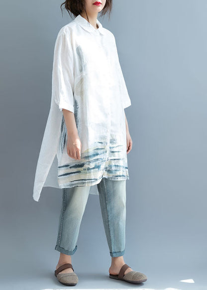 Art White Side Open Print Shirt Tops Half Sleeve
