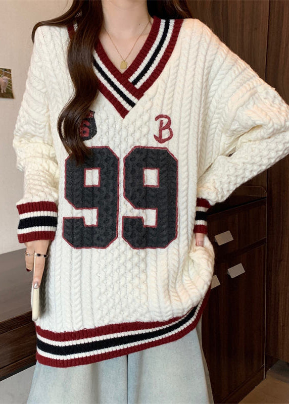 White Oversized Embroidered Knit Sweater Tops Fall