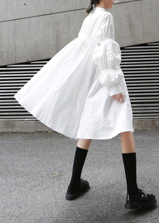 White Cinched Asymmetrical Design Cotton Dress Fall