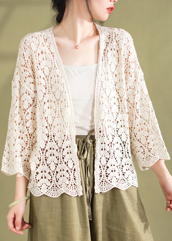 Chocolate V Neck Hollow Out Knitting Cotton Cardigans Summer