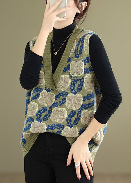 Green V Neck Patchwork Cozy Knit Waistcoat Sleeveless