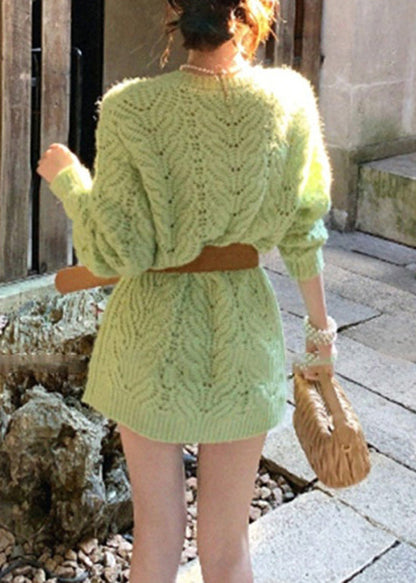 Stylish Green O Neck Bow Patchwork Mid Knit Dress Spring
