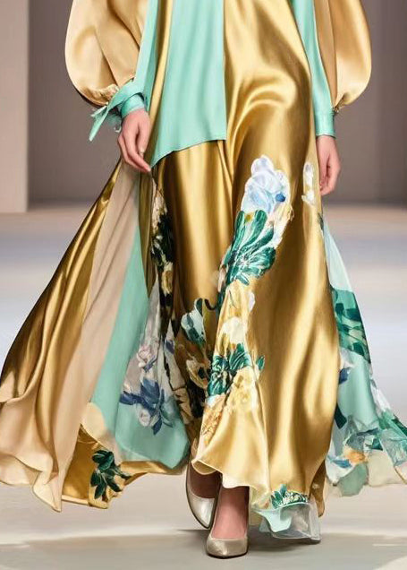 Golden Asymmetrical Patchwork Print Silk Vacation Dress Spring