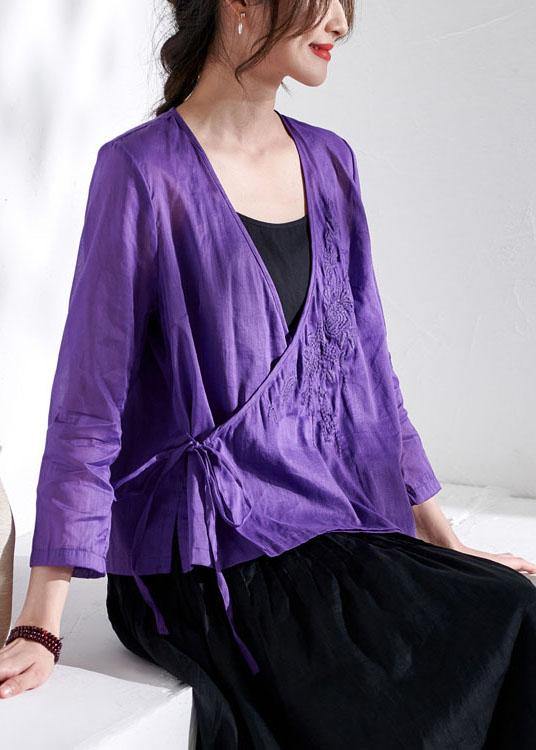 Boutique Purple Tie Waist Asymmetrical Design Summer Ramie Top