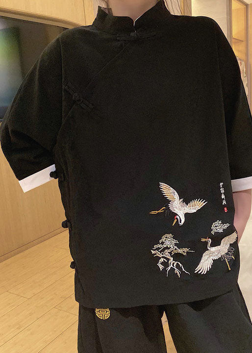 Chinese Style Black Stand Collar Embroideried Linen Tops Three Quarter Sleeve