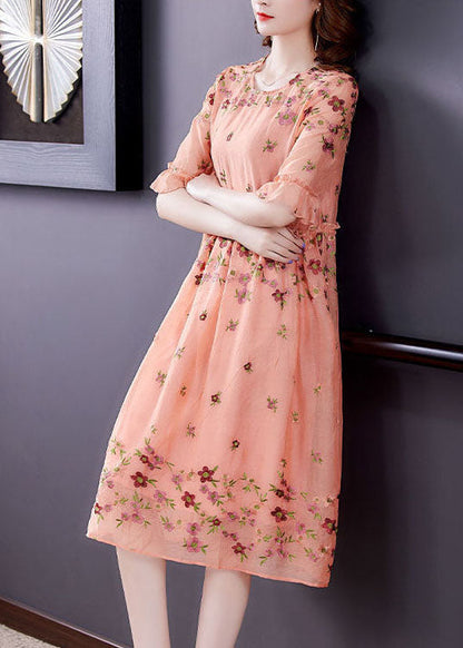 Italian Orange O-neck Embroideried Ruffled Silk Vacation Dresses Summer