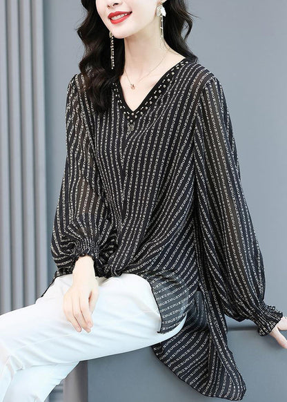 Black V Neck Striped Side Open Low High Design Chiffon Shirts Long Sleeve