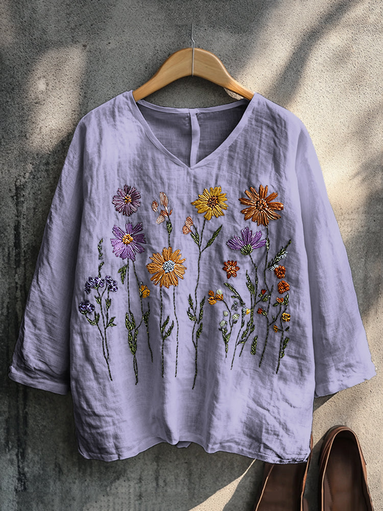 Boho Floral Embroidery Print Cotton And Linen Blend Loose Blouse artswardrobe