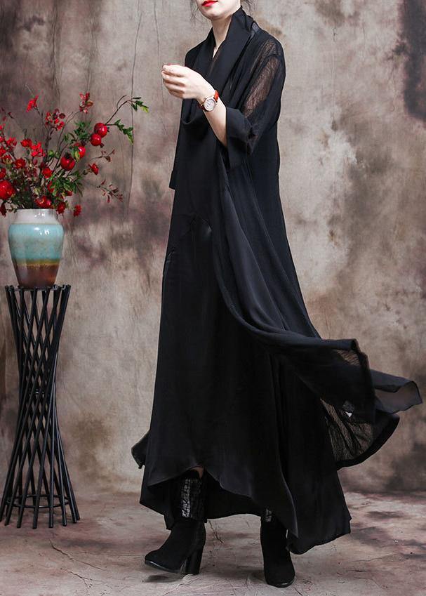French Asymmetric Flowy Black Chiffon Cardigan Oversized Coats