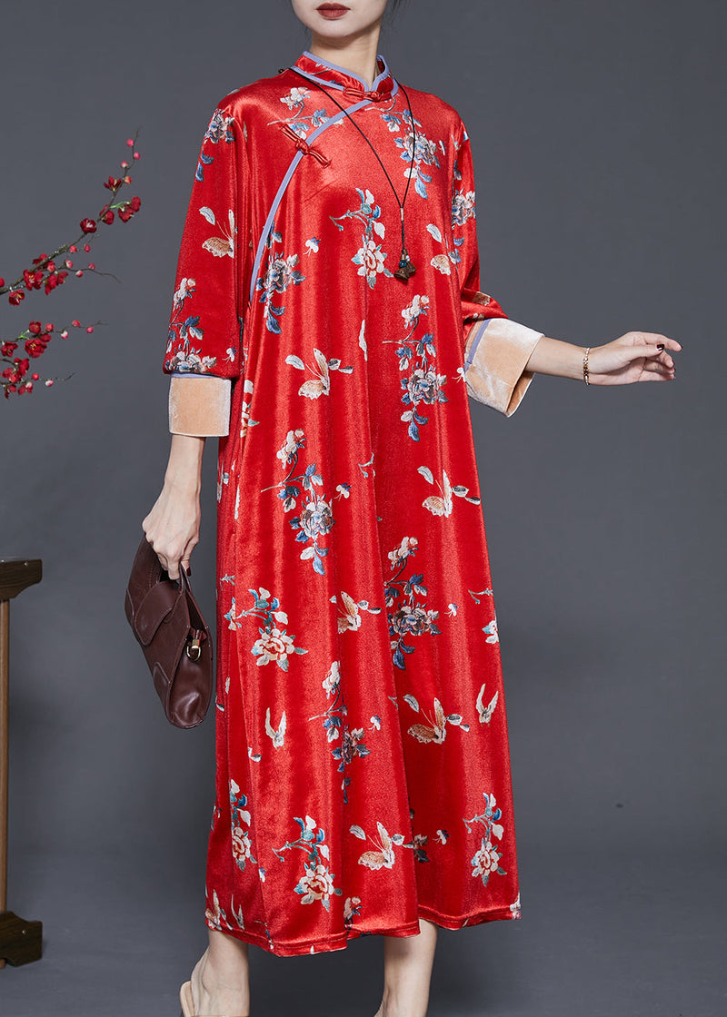 Mulberry Print Silk Velour Chinese Style Dresses Spring