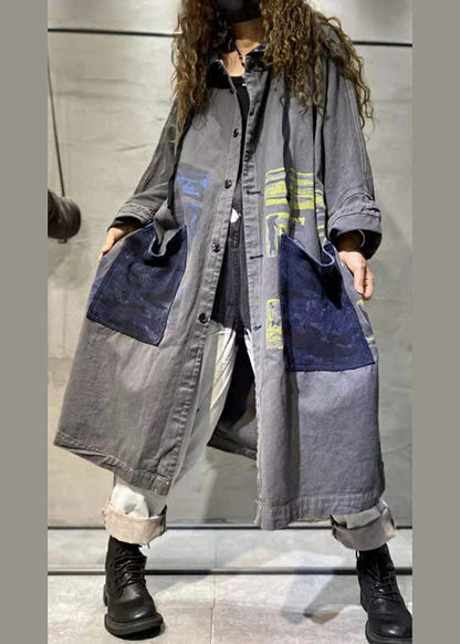 Handmade Orange Pockets Button Fall Denim Long Sleeve Coat