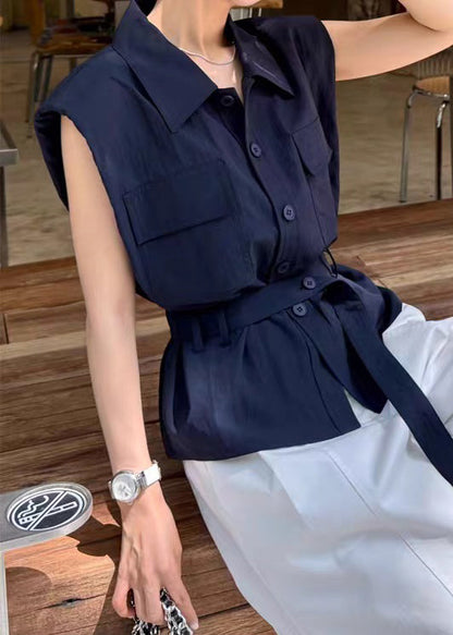 Navy Peter Pan Collar Button Cotton Shirt Sleeveless