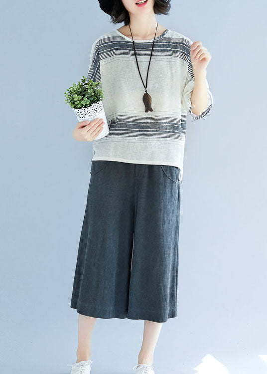 White Striped Cotton Loose Tops O-neck Batwing Sleeve