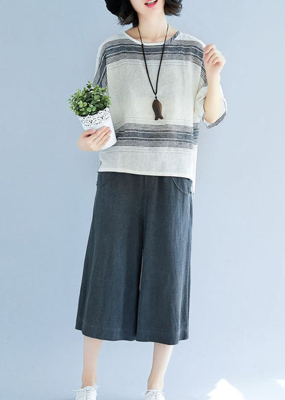 White Striped Cotton Loose Tops O-neck Batwing Sleeve