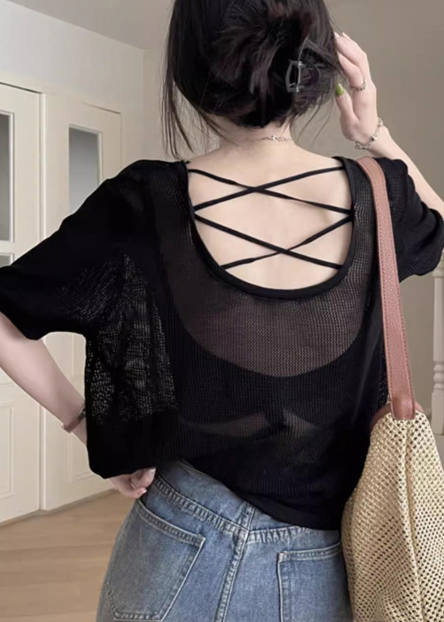 Black Hollow Out Summer Knit T Shirts O Neck
