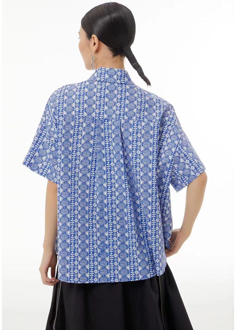 Light Grey Peter Pan Collar Print Cotton Shirt Top Short Sleeve
