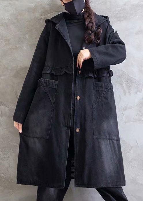 Overcoat Denim Black Hooded Ruffles Outwear