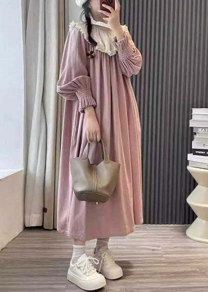 Pink Ruffled Patchwork Cotton Long Dresses Spring
