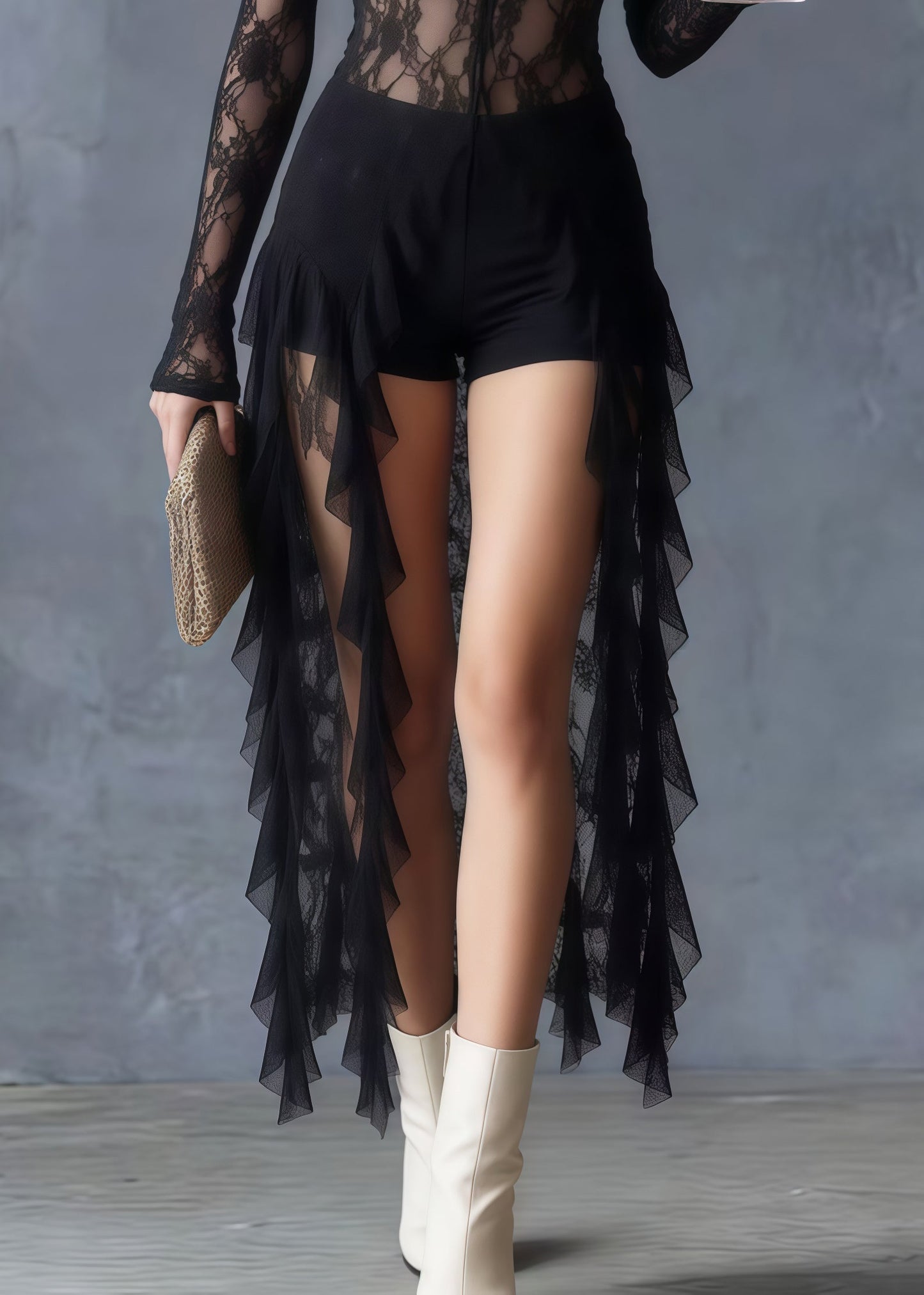 Black Ruffled Sheer Lace Long Tops Summer
