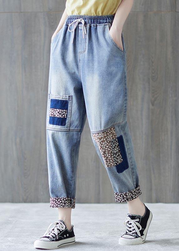 Blue Patchwork Pockets Cotton Pants Summer
