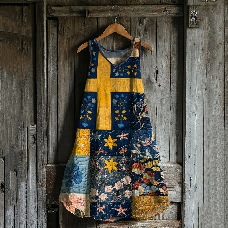 Vintage Loose Swedish Flag With Floral Patchwork Pattern Art Print Linen Tank Dress artswardrobe