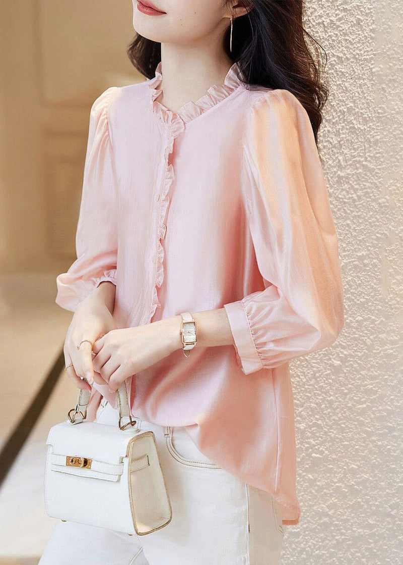 New Pink O-neck Ruffled Button Chiffon Tops Spring