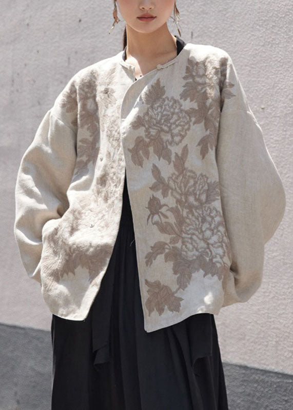 Embroideried Button Linen Coats Long Sleeve