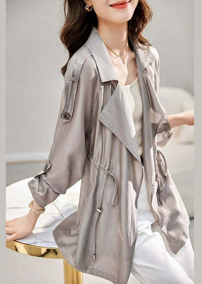 Grey Peter Pan Collar Drawstring Cotton Thin Coats Fall