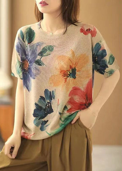 Loose Big Flower O-neck Cozy Cotton Knit Top Short Sleeve