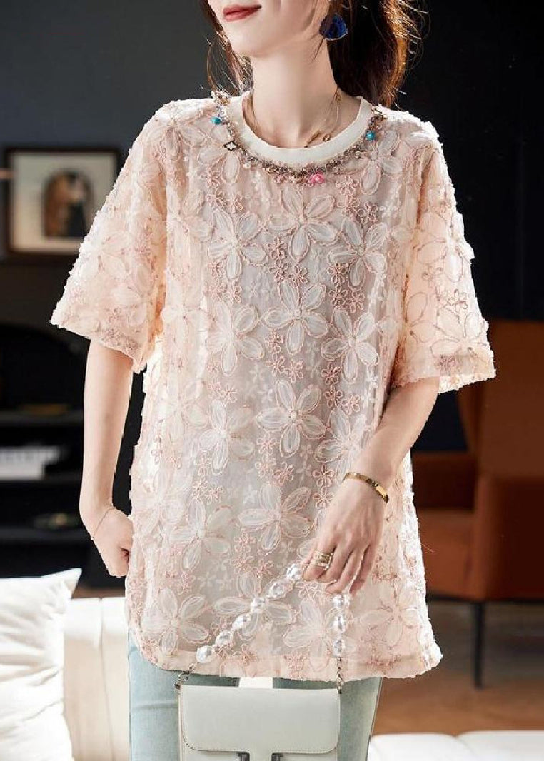 Pink O-neck Sequins Tulle T Shirt Summer