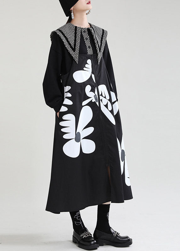 Black Print Patchwork Asymmetrical Design Zippered Fall Dress