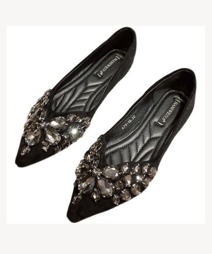 Black Flat Shoes Splicing Zircon Pointed Toe