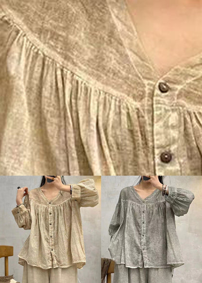 Grey Button Cotton Blouses V Neck Long Sleeve