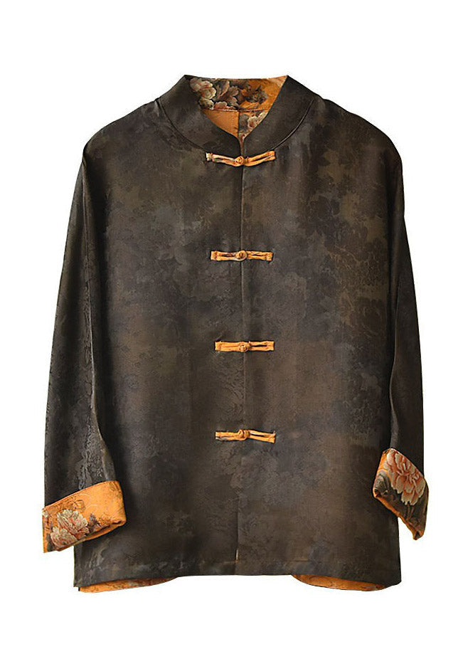 Stand Collar Print Button Side Open Silk Coat Long Sleeve