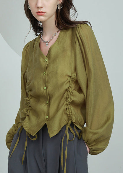 French Grass Green V Neck Lace Up Silk Cotton Shirt Long Sleeve