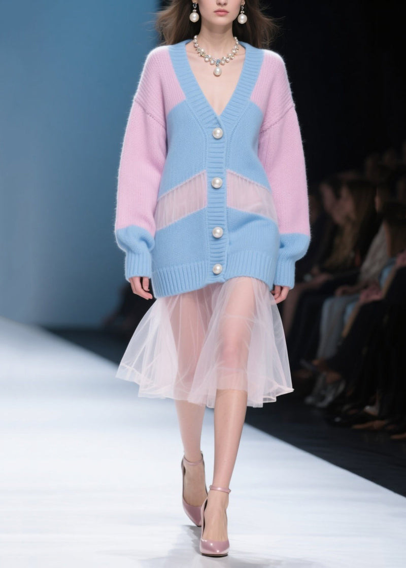 Colorblock Hollow Out Patchwork Tulle Knitwear Dress Fall