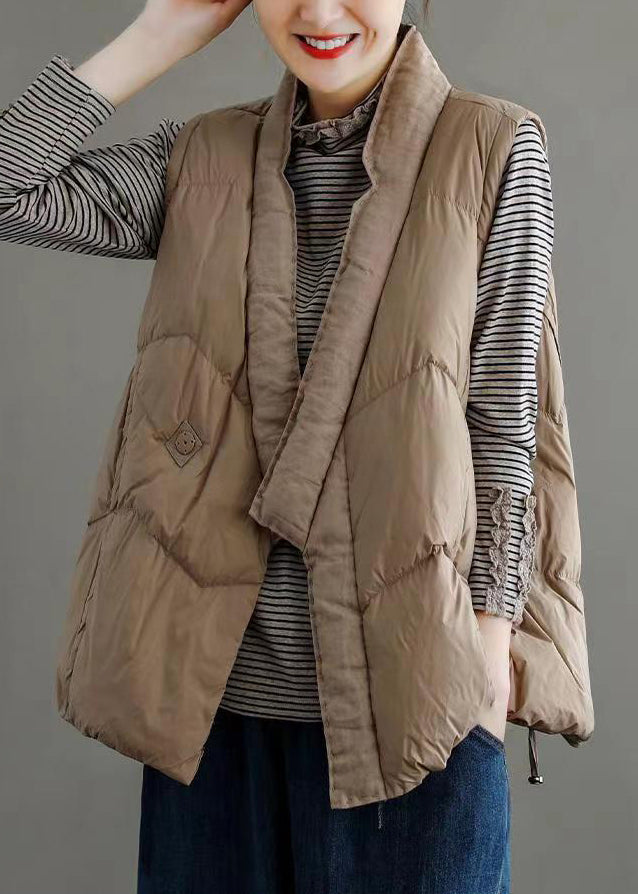 Khaki V Neck Pockets Drawstring Duck Down Waistcoat Sleeveless