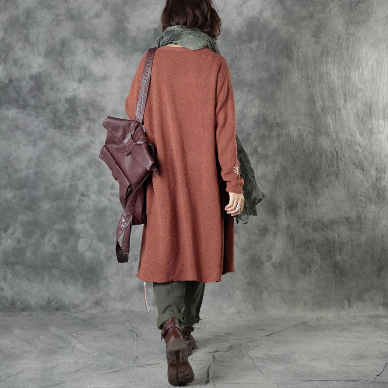 Brick Red Knit Pockets Embroideried Fall Cardigan Long Sleeve